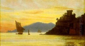 Marine, Skibe Pa Havet Udfor Klippekyst, Solnedgang by Carl (Jens Erik C.) Rasmussen