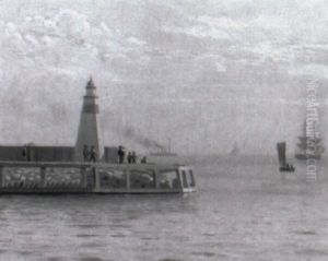 Marine, Personner Ved Et Fyrt+rn, Skuende Over Havet by Carl (Jens Erik C.) Rasmussen