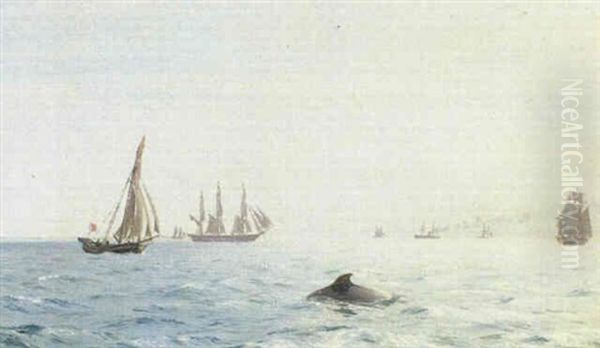 Marine, Talrige Sejlskibe Og Dampere Pa Havet, I Forgrunden Springende Marsvin - view 1