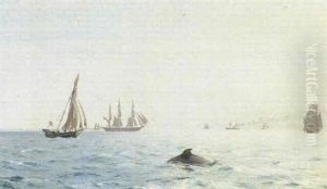 Marine, Talrige Sejlskibe Og Dampere Pa Havet, I Forgrunden Springende Marsvin