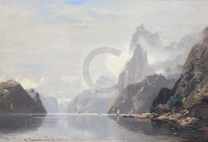 Cottages Alongside A Fjord by Georg Anton Rasmussen