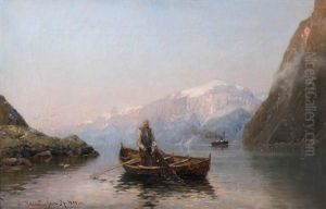 Fischer Und Dampfschiff Im Fjord by Georg Anton Rasmussen