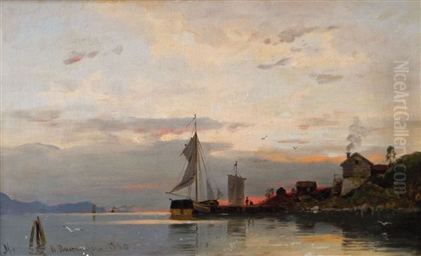 Fischerdorf Im Norwegischen Fjord Bei Sonnenuntergang - view 1