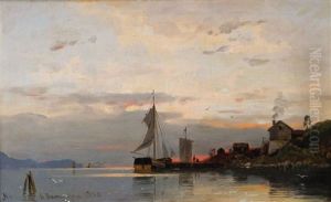 Fischerdorf Im Norwegischen Fjord Bei Sonnenuntergang by Georg Anton Rasmussen