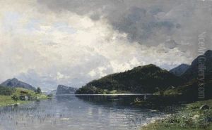 Fjord Mit Zwei Anglern Im Ruderboot