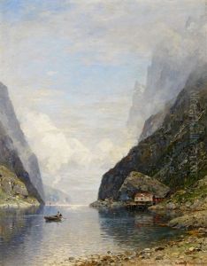 Fischer In Seinem Ruderboot Auf Dem Fjord by Georg Anton Rasmussen