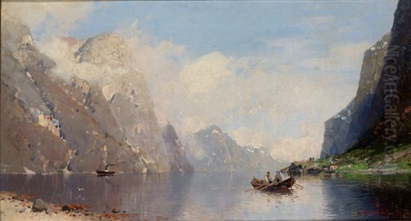 Sommerliche Fjordlandschaft Mit Ubersetzendem Ruderboot Und Angelandetem Dampfer - view 1
