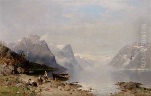 Sommerliche Fjordlandschaft Mit Angelegtem Nachen Und Figurenstaffage by Georg Anton Rasmussen