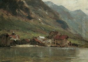 Norwegische Fjordlandschaft Mit Einem Dorf Am Wasser by Georg Anton Rasmussen