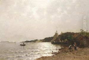 Sommer Am Fjord. Fischerfrauen Am Ufer Neben Ihren Hutten Sommer Am Fjord. Fischerfrauen Am Ufer Neben Ihren Hutten
