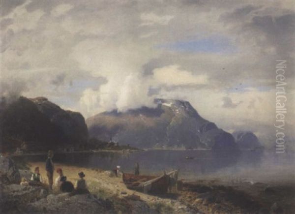 Fjordlandskap Med Strand, Bat Og Mennesker - view 1
