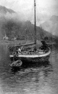 Ankernde Fischerboote In Einem Norwegischen Fjord by Georg Anton Rasmussen