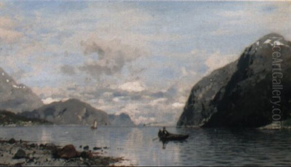 Fjordlandschaft Mit Ruderboot, Segelboot Und Dampfer - view 1