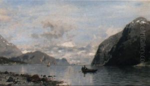 Fjordlandschaft Mit Ruderboot, Segelboot Und Dampfer