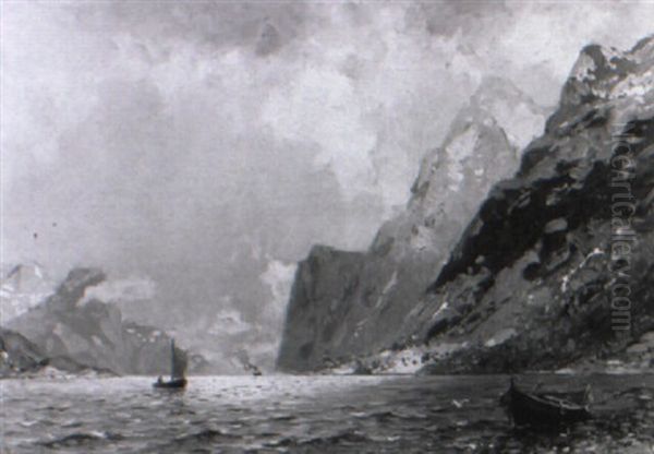 Fjordlandschaft Mit Kahn, In Der Ferne Segelboot Und Dampfschiff - view 1