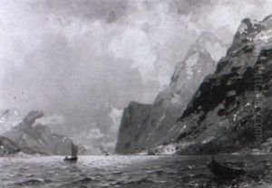Fjordlandschaft Mit Kahn, In Der Ferne Segelboot Und Dampfschiff by Georg Anton Rasmussen