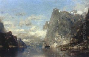 Norskt Fjordlandskap Med Fartyg by Georg Anton Rasmussen