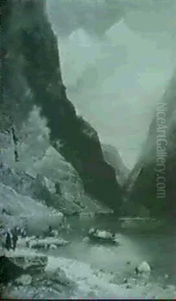 Fjordlandschaft, Im Vordergrund Unter Steil Ansteigendem Bergmassiv Am Ufer Bauern Und Ruderboot - view 1