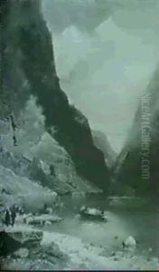 Fjordlandschaft, Im Vordergrund Unter Steil Ansteigendem    Bergmassiv Am Ufer Bauern Und Ruderboot