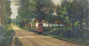 Aeldre Kvinde Og Barn Pa Vej, I Baggrunden En Gard by Lars Soren Jensen Rastrup