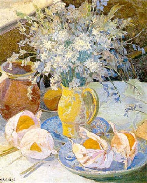 Still Life Of Mixed Flowers In Ajug, Tangerines And Plates On A Table - view 1