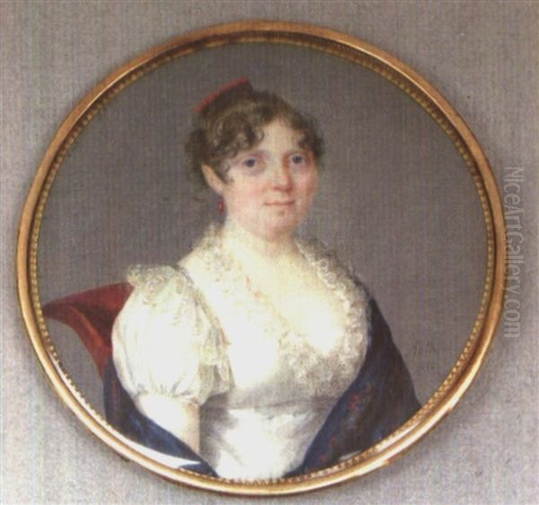 Femme A La Robe Blanche A Dentelle Et Au Chale Bleu - view 1
