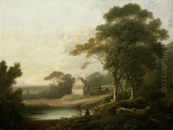 Figures Fishing In A River Landscape, A Farmhouse Beyond - view 1