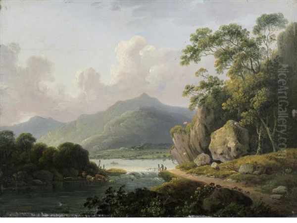 Figures Crossing A Bridge, In A Hilly Landscape - view 1