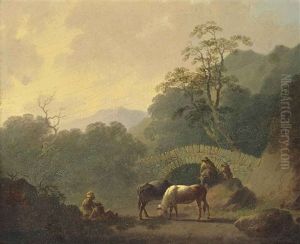 A Wooded Landscape With Drovers And Their Cattle At Rest Before A Bridge by John Rathbone