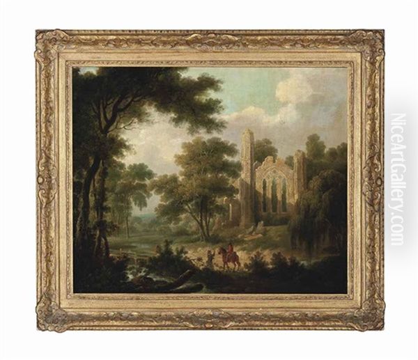 A Wooded River Landscape With A Ruined Abbey And Two Travellers On A Path - view 1