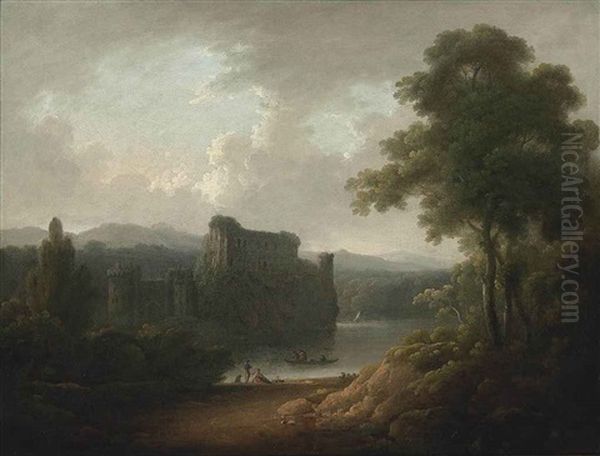 A Wooded Landscape With A Ruined Moated Castle, Figures Ferrying Across The Water And Others Resting On The Bank - view 1