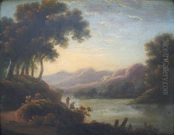 Extensive Lake Landscape With Figures (+ Another; Pair) - view 1
