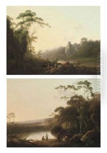 A Wooded River Landscape With Travellers On A Track At Dawn (+ A Wooded River Landscape With An Angler And Other Figures Conversing On A Bank At Dusk; Pair) by John Rathbone