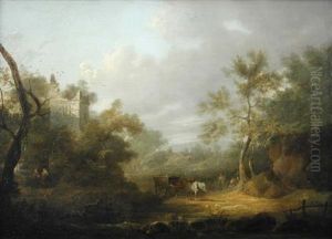 Travellers With A Cart And Horse On A Country Lane, With Ruins Beyond by John Rathbone