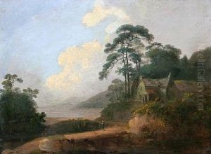 Wooded Coastal Scene With Traveler On A Path Before A House
