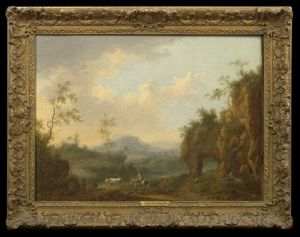 Travelers And A Drover With Cattle On A Lakeside Path (+ Figures Resting, Irgr; 2 Works) by John Rathbone