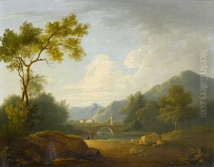 A River Landscape With Anglers On The Bank And A Village In The Distance