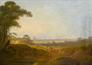 A Landscape With A Peasant Pasturing His Flock In The Roman Campagna (+ A Landscape At Sunset With A Peasant And His Flock Resting By The Lakeside, A Town In The Background; Pair) by John Rathbone