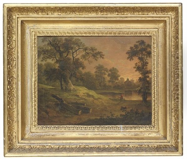 A Wooded Landscape With A Figure On Horseback By A Lake, A Church Beyond - view 1