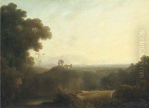 An Extensive Wooded River Landscape, With Figures In The Foreground And A Ruin Beyond by John Rathbone