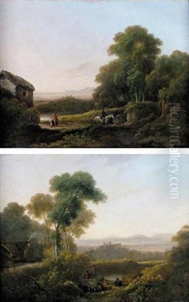 Wooded Landscape With Figures (+ Another, Similar; Pair, Collab. W/george Morland) - view 1