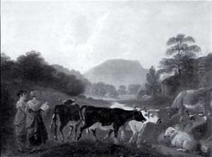 Milkmaids And Stock In A Wooded Valley