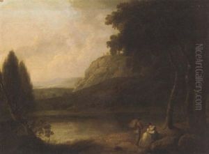 Travellers Camped On A Riverbank In An Extensive Landscape by John Rathbone