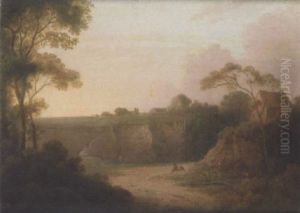 Figures Resting On A Country Path With A House Above A Gorge In The Distance