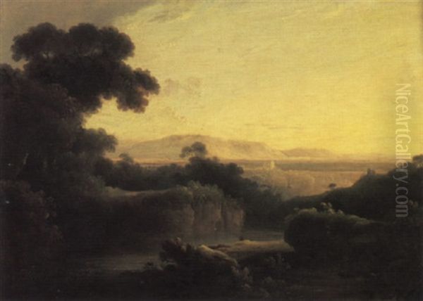 An Arcadian Landscape With A Fisherman Beside A River In The Foreground - view 1