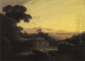 An Arcadian Landscape With A Fisherman Beside A River In The Foreground