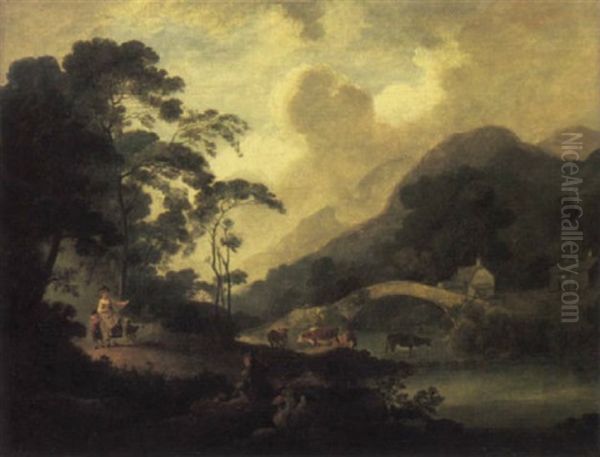 Figures On A Path And Cattle Watering Near A Bridge In A Wooded Landscape - view 1