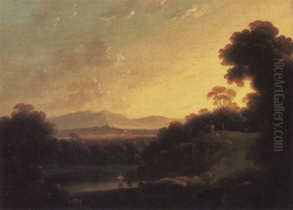 A Wooded Landscape At Evening With Fishermen Beside A Lake In The Foreground - view 1