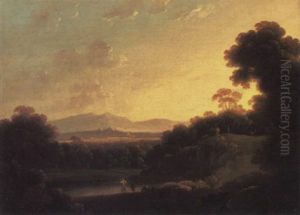 A Wooded Landscape At Evening With Fishermen Beside A Lake In The Foreground by John Rathbone