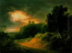 A Wooded Landscape With Travellers On Horseback On A Path, A Castle On A Mountain And A Thunderstorm Beyond